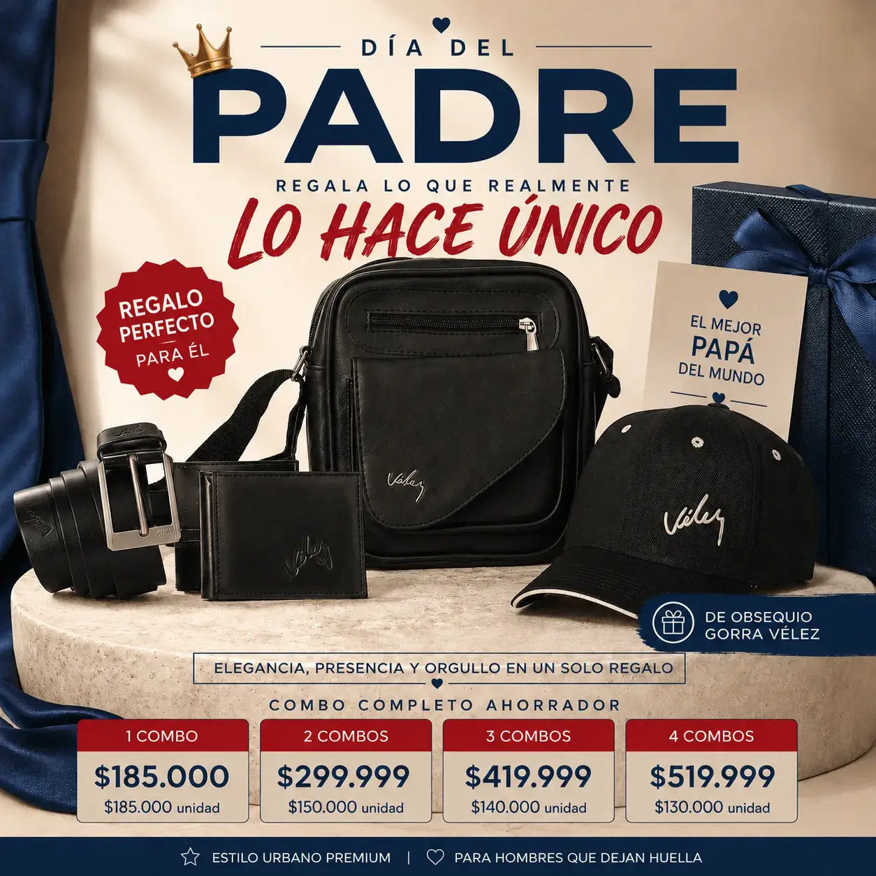 Combo Vélez Para Hombre: Exclusivo y Autentico: Carriel+ billetera + Correa + Gorra